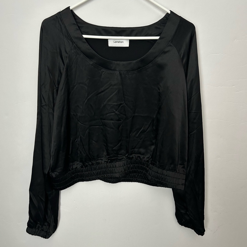 Lanston from Revolve Black Women's Silky Top gather detail on arms and waist med